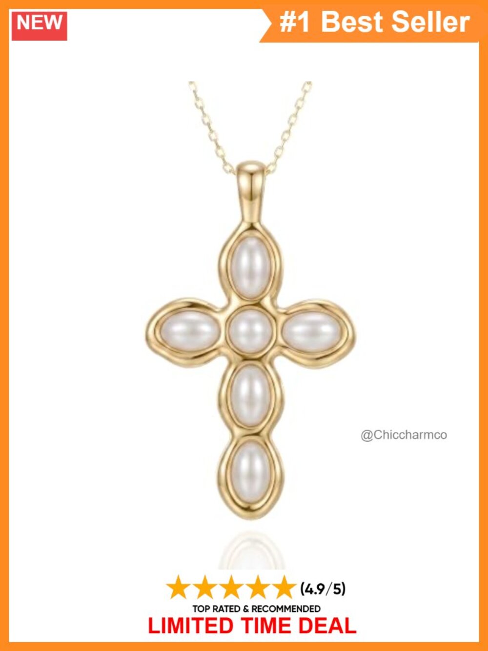 Pearl Cross Necklace 925 Sterling Silver 14K Gold Plated Pendant